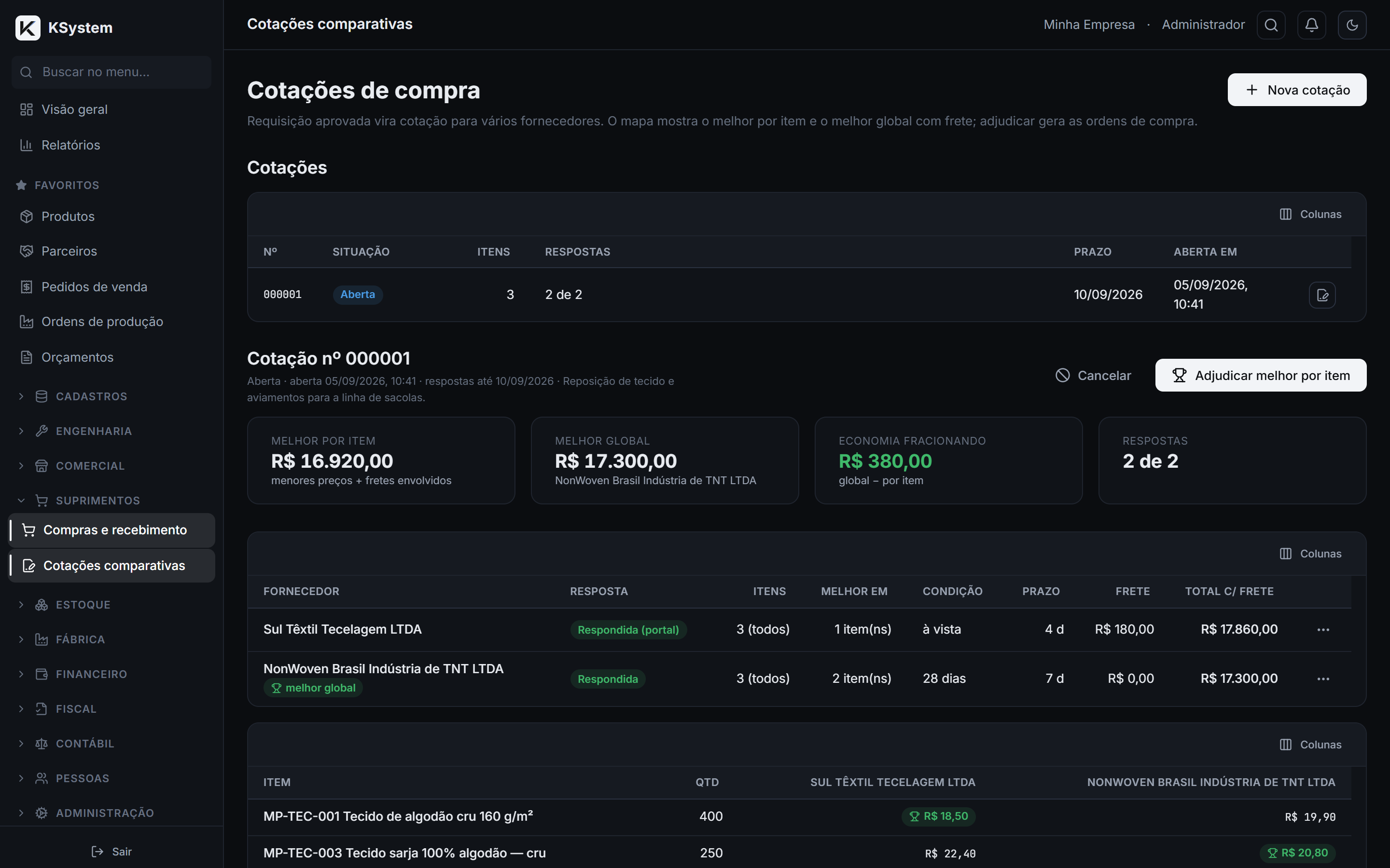 Cotação com mapa comparativo: captura de tela do KSystem
