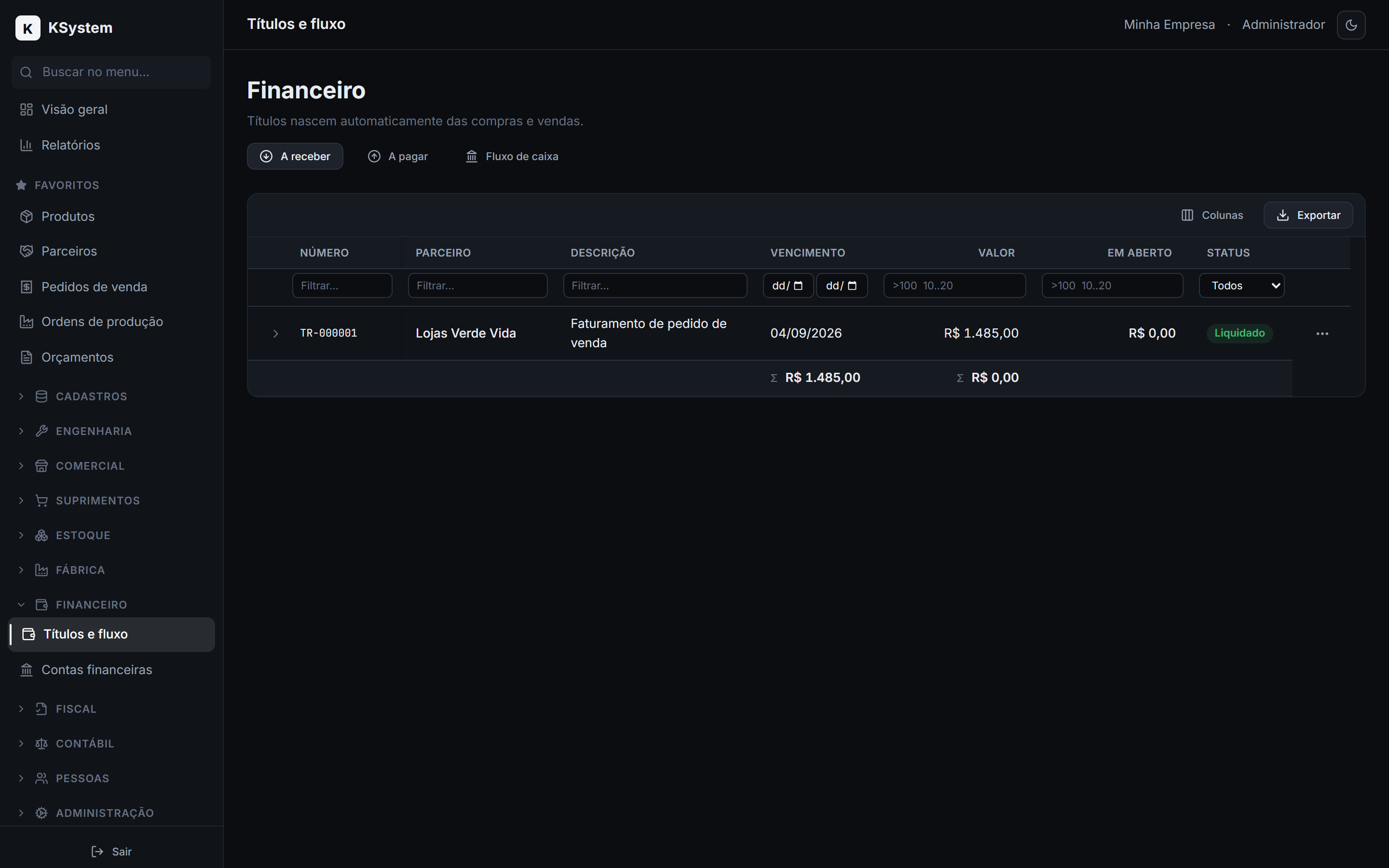 Financeiro — captura de tela do KSystem