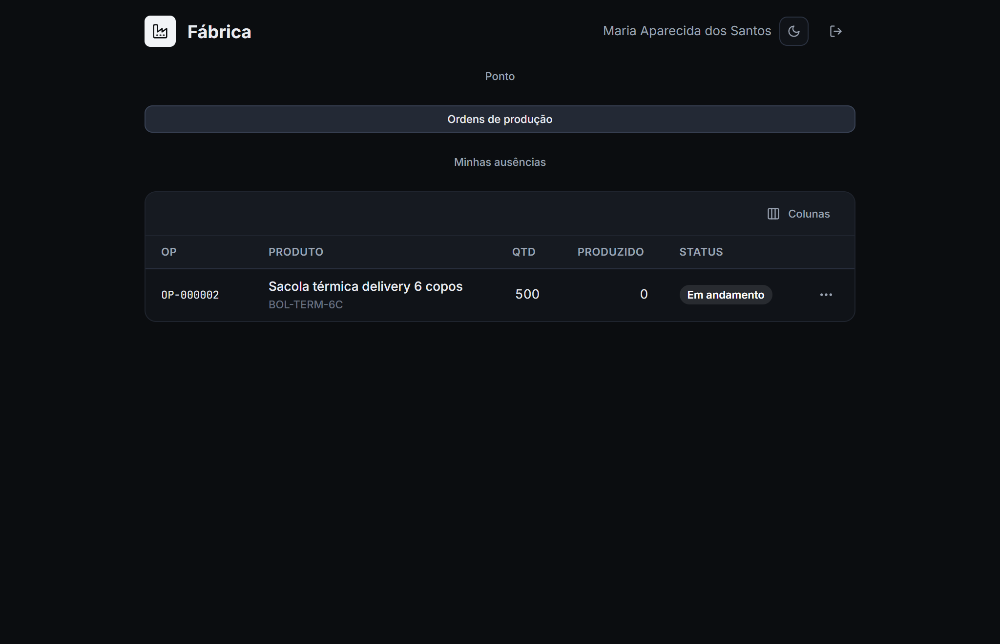 Chão de fábrica — captura real do KSystem