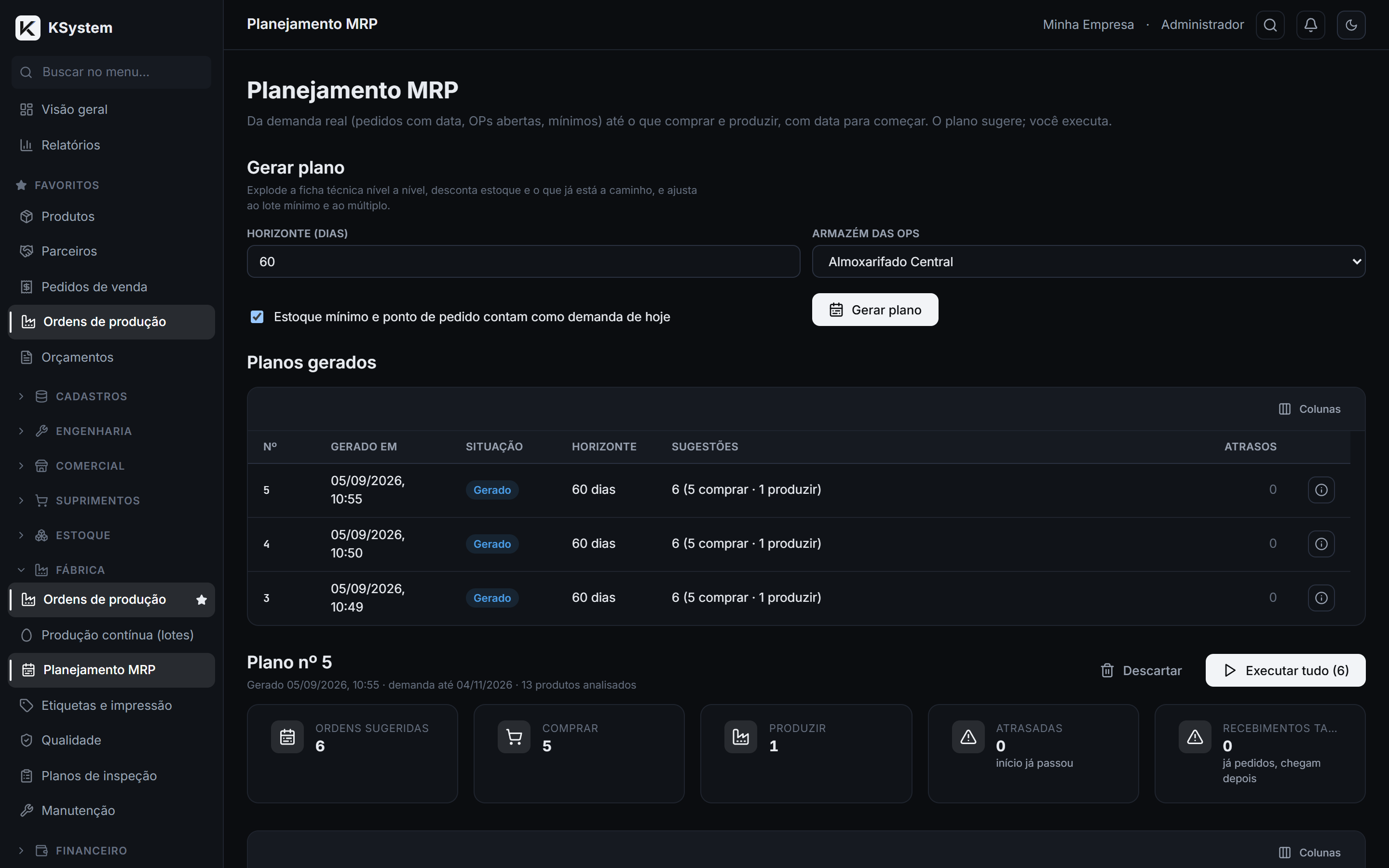 Planejamento que dá a lista pronta: captura de tela do KSystem