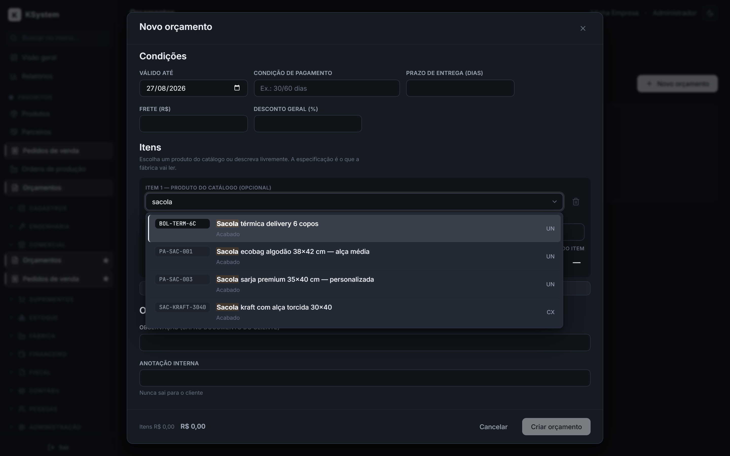 Orçamento livre — captura de tela do KSystem