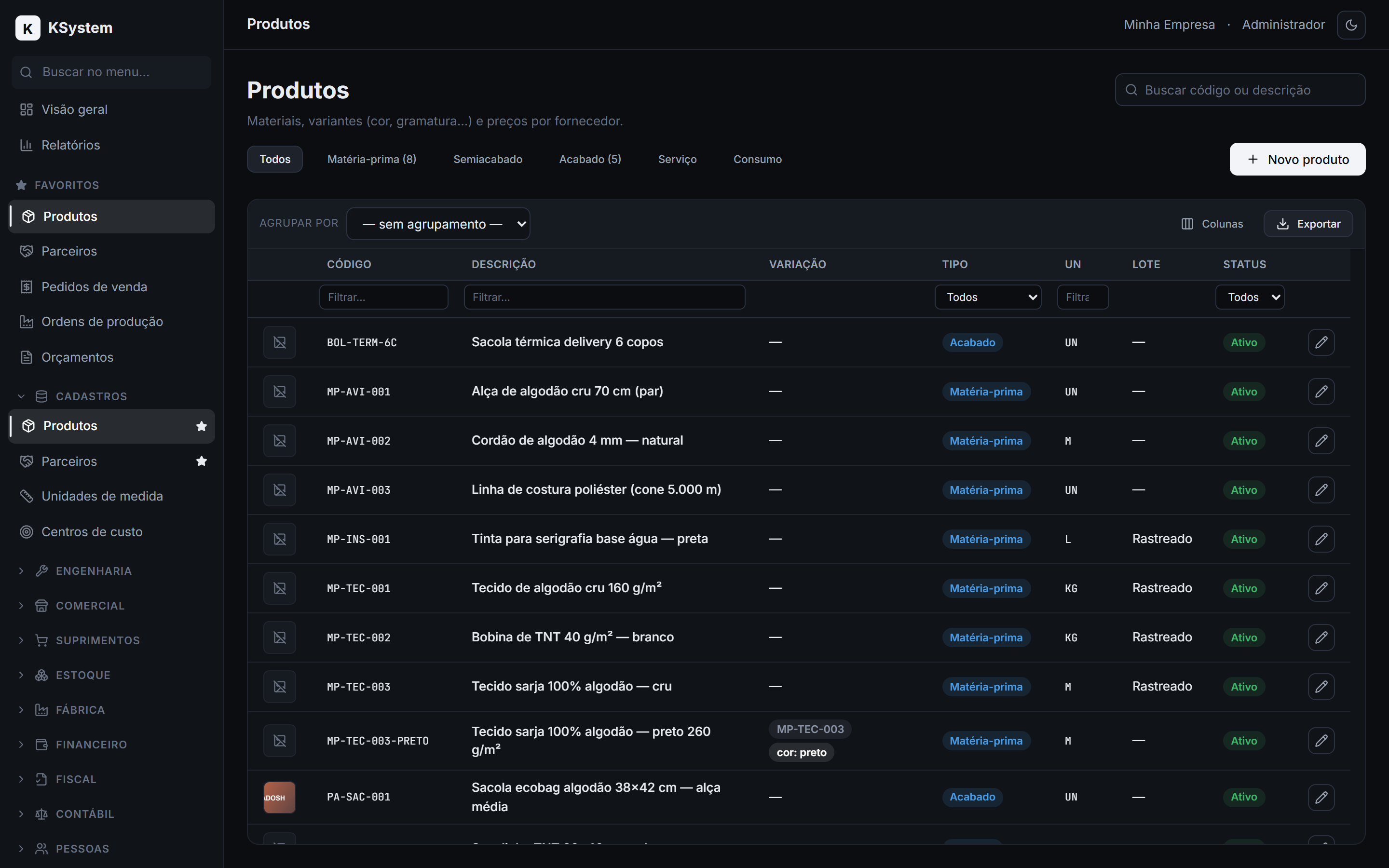 Catálogo de produtos — captura de tela do KSystem